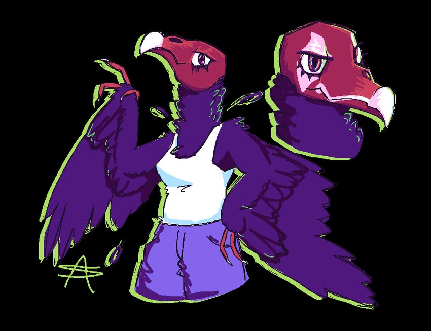 anthro bald bald_female black_body black_feathers breasts claws clothing clown_makeup feathers female juggalo looking_at_viewer non-mammal_breasts red_body red_skin shirt solo tank_top topwear white_clothing white_shirt white_tank_top white_topwear wing_claws winged_arms wings appelsaus accipitriform avian bird new_world_vulture turkey_vulture vulture 2024 digital_media_(artwork) model_sheet oekaki