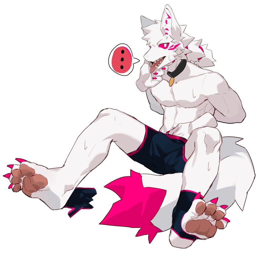 anthro claws clothed clothing collar dipstick_tail disembodied_hand duo ellipsis finger_claws footwear fur hair hand_in_underwear hands_behind_back looking_at_viewer male markings muscular partially_clothed pawpads pink_pawpads pink_sclera plantigrade sharp_teeth simple_background socks speech_bubble stirrup_socks tail tail_markings teeth toe_claws tongue tongue_out underwear white_background white_body white_eyes white_fur white_hair kitai_su canid canine mammal digital_media_(artwork) hi_res shaded