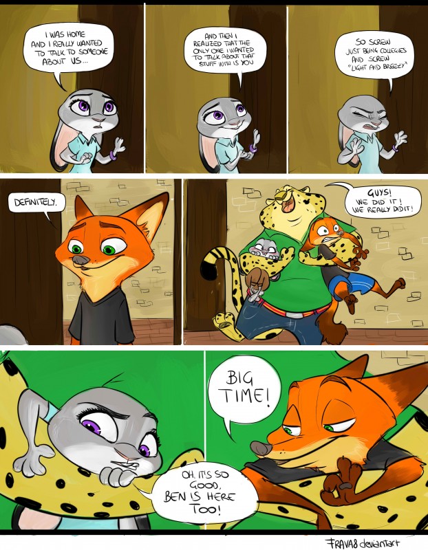 anthro clothed clothing female fur gesture hand_gesture hug male ok_sign smile text frava8 disney zootopia benjamin_clawhauser judy_hopps nick_wilde canid canine cheetah felid feline fox lagomorph leporid mammal rabbit red_fox true_fox 2017 absurd_res comic english_text hi_res