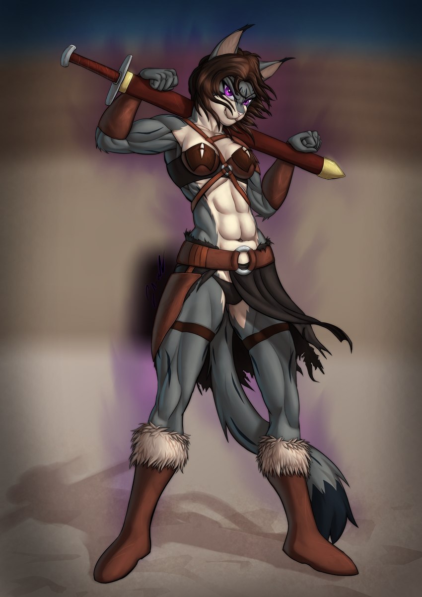 abs anthro armor aura boots brown_hair clenched_teeth clothing female fist flowing_hair footwear grin hair holding_object holding_weapon leather leather_armor leather_boots leather_clothing leather_footwear looking_at_viewer melee_weapon midriff muscular muscular_female purple_eyes sheathed_sword shoes simple_background smile solo standing stripes sword teeth torn_clothing vambrace weapon za-owl elwyna_(za-owl) domestic_cat felid feline felis mammal 2022 absurd_res hi_res