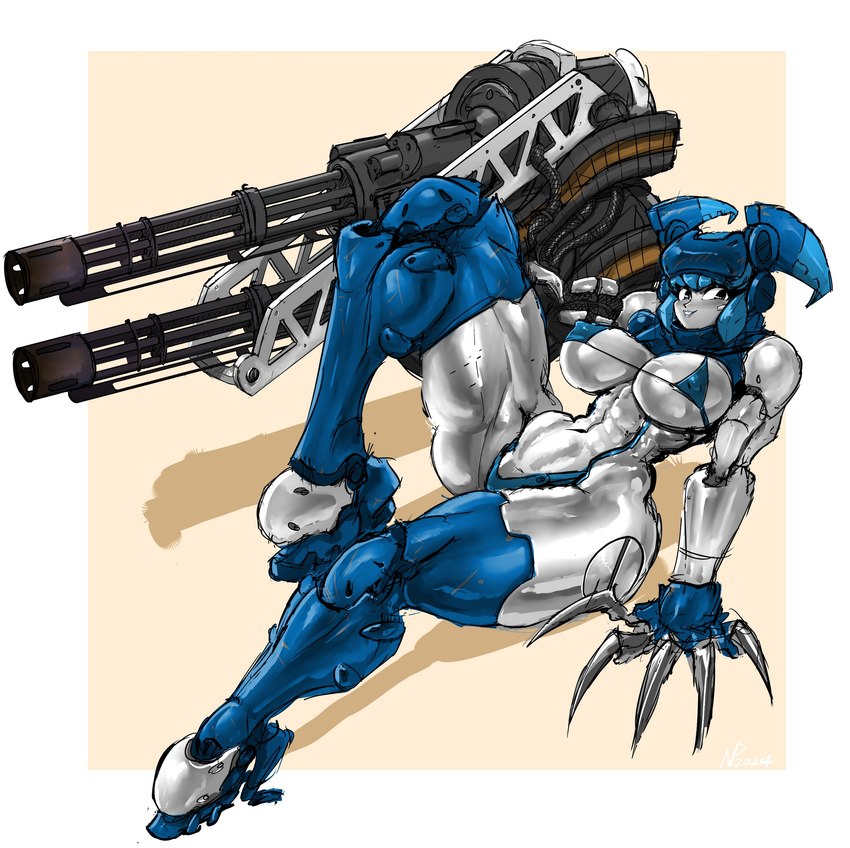 5_claws aged_up big_breasts bikini biped blue_bikini blue_body blue_clothing blue_swimwear breasts claws closed_smile clothing female front_view gatling_gun glistening glistening_body glistening_claws gun hand_on_ground high_heeled_feet huge_hips huge_thighs knee_pulled_up leaning leaning_backward lips long_claws looking_at_viewer machine machine_gun metallic_body minigun mouth_closed multicolored_body navel nipple_outline not_furry pose ranged_weapon simple_background sitting smile solo swimwear thick_thighs two-piece_swimsuit two_tone_body weapon weapon_arm white_body wide_hips gausscannon my_life_as_a_teenage_robot nickelodeon jenny_wakeman humanoid robot robot_humanoid 2024 absurd_res full-length_portrait hi_res pinup portrait shaded