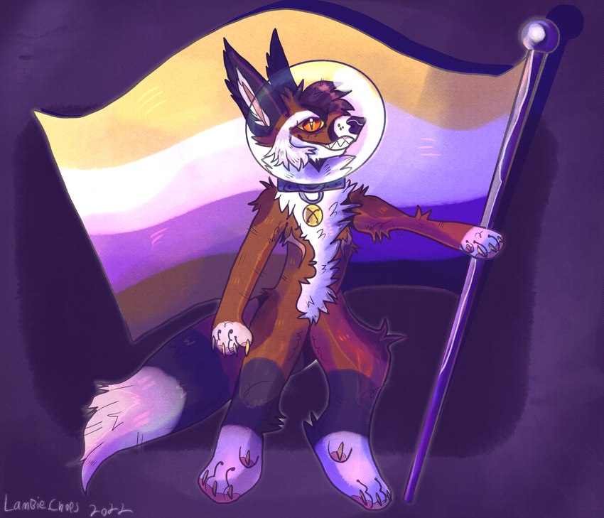 ambiguous_gender anthro bell bell_collar black_body black_fur brown_body brown_fur claws collar flag flag_(object) fur holding_flag holding_object lgbt_pride long_ears mastectomy_scar multicolored_body nonbinary_pride_colors open_mouth orange_eyes pawpads pride_colors scar simple_background solo space_helmet toothy_grin visibly_trans white_body white_fur yellow_claws carlarzall lambie_(carlarzall) canid canine fox mammal 2022 digital_media_(artwork) hi_res nonbinary_(lore)