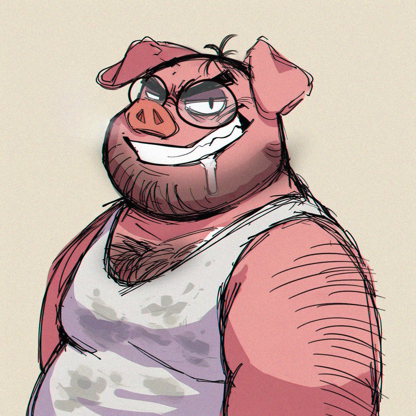 anthro arm_hair bodily_fluids body_hair chest_hair clothed clothing dirty dirty_clothing drooling evil_grin eyewear glasses grin hairy looking_at_viewer male moobs overweight overweight_male round_glasses saliva smile smirk solo ugly_bastard bastard_pig domestic_pig mammal suid suine sus_(pig) 1:1 sketch