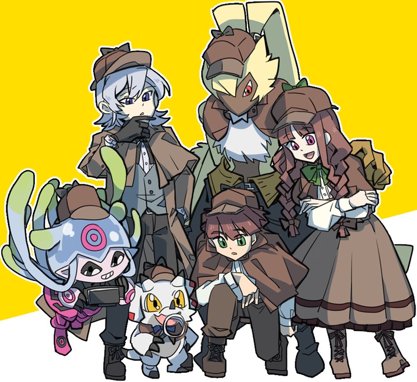 anthro brown_hair clothing detective detective_hat dress female fur grey_hair grin group hair hat headgear headwear long_ears male ponytail_ears smile tentacles yellow_body yellow_fur digibibim bandai_namco digimon digimon_ghost_game hiro_amanokawa kiyoshiro_higashimitarai ruri_tsukiyono digimon_(species) gammamon human humanoid jellymon mammal symbareangoramon