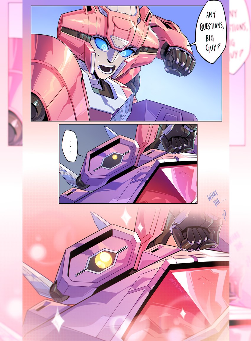 1_eye action_pose awkward blue_eyes bodily_fluids confusion dialogue duo ellipsis female fingers love machine male not_furry open_mouth pink_body pose purple_body question_mark simple_background sparkles sparkling_eyes speech_bubble sweat teeth text threatening_words darlsdraws hasbro takara_tomy transformers transformers_one elita-one shockwave_(transformer) cybertronian cyclops humanoid living_machine robot 2024 absurd_res comic digital_drawing_(artwork) digital_media_(artwork) english_text hi_res signature