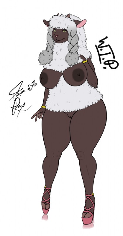 anthro anthrofied areola big_areola big_breasts biped bracelet breasts clothing female footwear fur genitals grin high_heels huge_areola jewelry looking_at_viewer markings mole_(marking) nipples nude platform_footwear platform_heels pokemorph pseudo_clothing pussy shoes simple_background smile solo thick_thighs white_body white_fur white_wool wide_hips wool_(fur) furlyfe_redux nintendo pokemon bovid caprine generation_8_pokemon mammal pokemon_(species) wooloo 2019 absurd_res hi_res unfinished