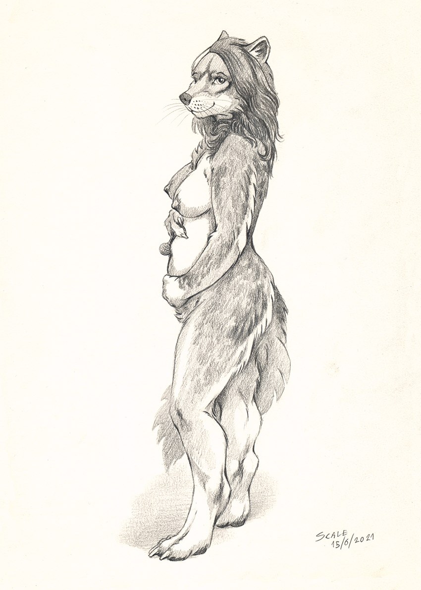 anthro belly breasts butt claws digitigrade early_pregnancy feet female finger_claws fingers fur hair hand_on_belly hand_on_own_belly hindpaw life_drawing looking_at_viewer nipples nude paws pregnant pregnant_anthro pregnant_female smile smiling_at_viewer solo standing tail toe_claws toes whiskers scale_(artist) canid canine canis mammal wolf 2021 hi_res signature traditional_media_(artwork)