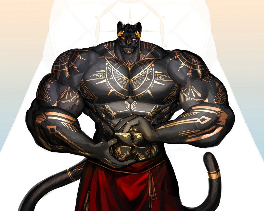 abdominal_markings anthro arm_markings belt big_biceps big_deltoids big_muscles big_pecs black_body black_fur black_hair bottomwear chest_markings clothing deltoids fur gold_markings hair hand_markings light male markings muscular muscular_anthro muscular_arms muscular_male navel obliques orange_sclera pecs red_bottomwear red_clothing rope rope_belt shoulder_markings solo sunlight tail tail_markings vein veiny_muscles window yellow_eyes ripisgod felid mammal pantherine 2023 5:4 hi_res