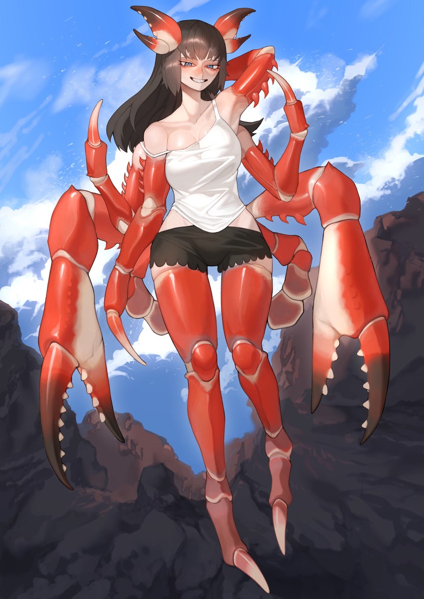 12_limbs barefoot black_hair blue_eyes breasts claws clothed clothed_female clothing exposed_shoulder eyelashes feet female hair looking_at_viewer smile smiling_at_viewer solo topwear sumo_samo animal_humanoid arthropod arthropod_humanoid crab crab_humanoid crustacean crustacean_humanoid decapoda humanoid malacostracan marine marine_humanoid absurd_res digital_media_(artwork) hi_res