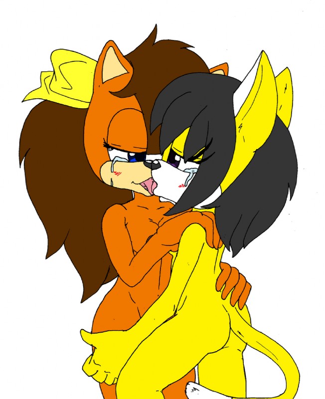 anthro black_hair blue_eyes blush bodily_fluids breasts brown_body brown_fur brown_hair butt crying duo female female/female fur genitals hair interspecies kissing nipples nude pussy simple_background smile tears tongue tongue_out midnightflaze sega sonic_the_fighters sonic_the_hedgehog_(series) sonic_x-treme honey_the_cat tiara_boobowski domestic_cat felid feline felis mammal manx hi_res