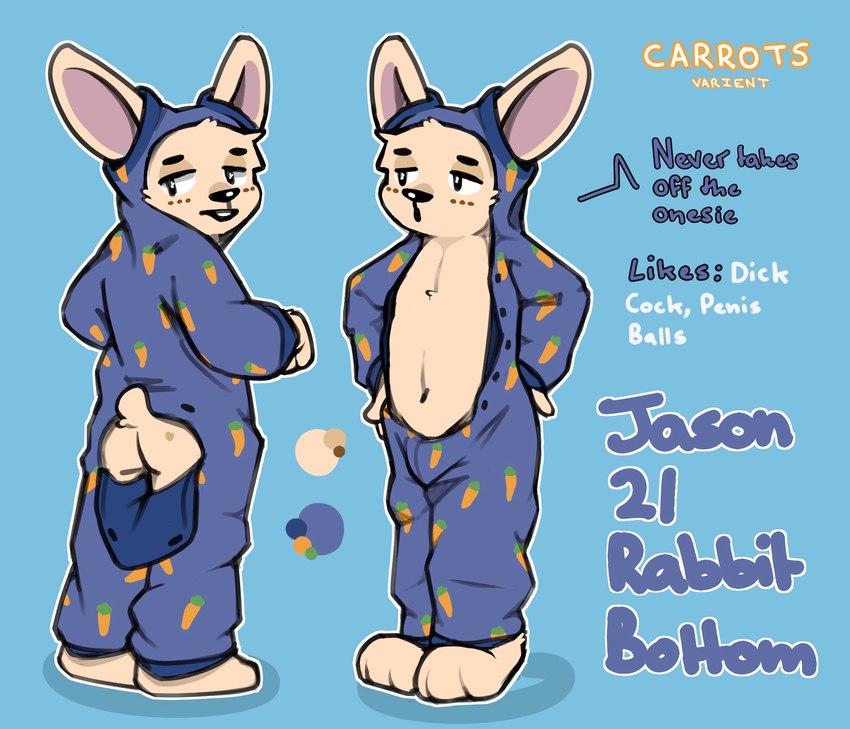 anthro big_ears black_eyes blue_background butt butt_flap chest_tuft clothing fur fur_markings looking_at_viewer looking_back looking_back_at_viewer male markings navel onesie onesie_only open_crotch open_flap open_onesie pajamas pajamas_only simple_background small_tail solo spots tail tan_body tan_fur teeth text tuft dergsalot jason_(dergsalot) lagomorph leporid mammal rabbit english_text hi_res model_sheet