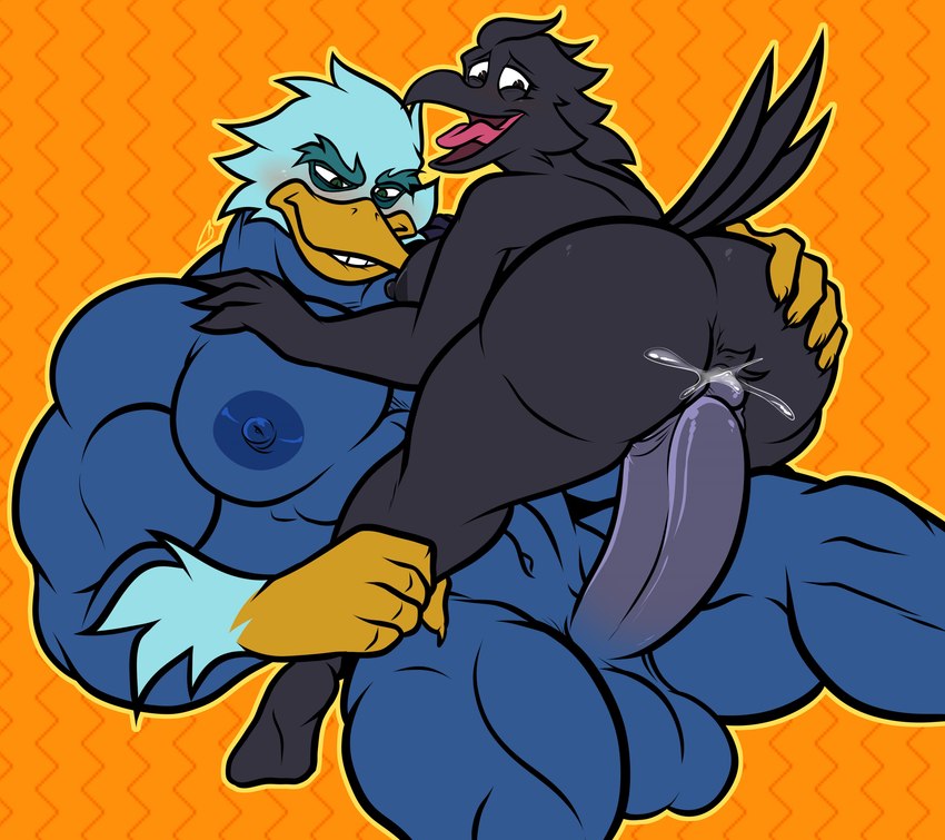 anthro anthro_on_anthro anthro_penetrated anthro_penetrating anthro_penetrating_anthro balls beak big_balls big_butt big_muscles big_pecs big_penis black_body black_feathers blue_body blue_feathers blush bodily_fluids breasts butt crossgender duo erection feathers female female_penetrated genital_fluids genitals gradient_penis humanoid_genitalia humanoid_penis male male/female male_penetrating male_penetrating_female manly mtf_crossgender muscular muscular_anthro muscular_male nipples non-mammal_balls non-mammal_nipples nude orange_background orange_beak orange_hands pattern_background pecs penetration penile penile_penetration penis penis_in_pussy prodding sex simple_background size_difference smaller_penetrated vaginal vaginal_fluids vaginal_penetration mango_juicebara third-party_edit chaotic antidaeon elfein_(character) anatid anseriform avian bird corvid corvus_(genus) crow duck oscine passerine 2022 2023 absurd_res digital_drawing_(artwork) digital_media_(artwork) hi_res