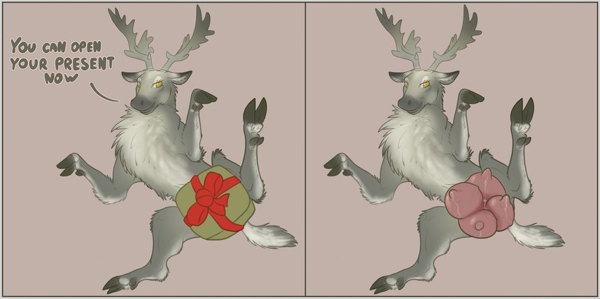 antlers bodily_fluids bow_ribbon christmas_present dialogue female feral gift holidays hooves horn lactating lying raised_leg smile solo spread_legs spreading teats text udders yellow_eyes milvusb christmas deer mammal new_world_deer reindeer english_text hi_res