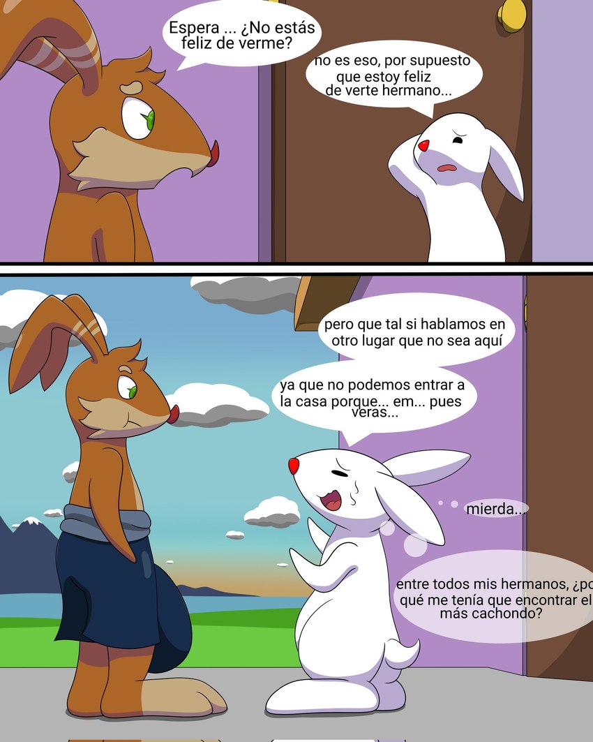 anthro bodily_fluids brown_body duo green_eyes male male_anthro nervous_smile nervous_sweat red_nose sweat text thought_bubble white_body kuge benito_(kuge) lagomorph leporid mammal rabbit comic hi_res spanish_text translated