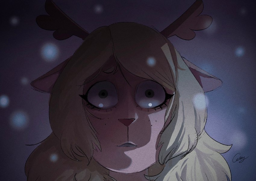 anthro antlers blonde_hair constricted_pupils female floppy_ears freckles fur green_eyes hair horn long_hair looking_at_viewer monotone_body monotone_fur monotone_hair o_o open_mouth platinum_blonde pupils red_nose scared simple_background small_pupils snow snowgrave solo spoiler stare wide_eyed cellydawn deltarune undertale_(series) noelle_holiday deer mammal new_world_deer reindeer digital_media_(artwork) hi_res