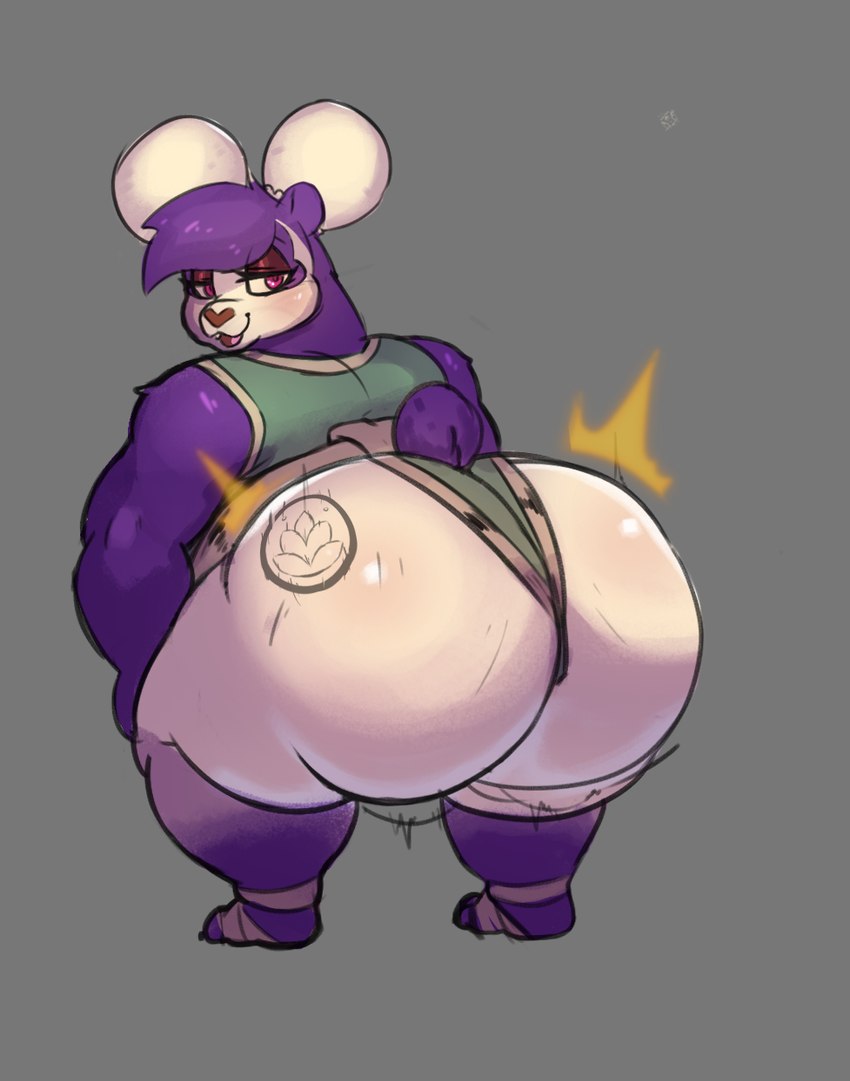 accessory anthro big_butt butt butt_tattoo clothing feet female foot_wraps hair hair_accessory hair_bun improvised_clothing leotard looking_back overweight overweight_anthro overweight_female purple_body shirt solo tattoo topwear tunic twerking wedgie white_body wraps saltyseaskunk hana_(saltyseaskunk) bear giant_panda mammal hi_res