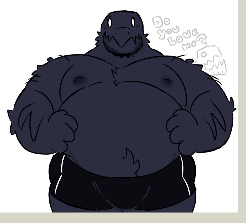 anthro black_body black_fur blush blush_lines boxers_(clothing) boxers_only clothed clothing fur hand_on_belly male nipples overweight overweight_anthro overweight_male solo text topless underwear underwear_only juanchodrilo geometry_dash robtopgames monster_(geometry_dash)