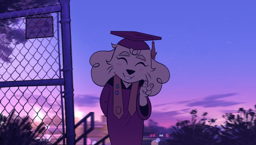 anthro biped building clothed clothing cloud evening female fence gesture graduation_cap graduation_gown graduation_robe hand_gesture high_school metal_fence night outside plant school shrub sky smile smiling_at_viewer solo star tree v_sign itsdanfango jalei_(itsdanfango) canid canine canis domestic_dog mammal hi_res