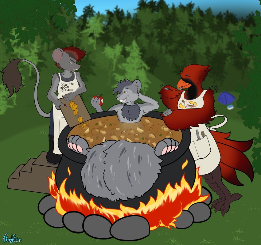 5_fingers angry anthro apple apron avian_feet beak black_eyebrows black_talons bottomwear breasts brown_eyes buckteeth cannibalism carrot chest_tuft claws clothed clothing cooking cooking_with_furs cutlery eating eyebrows feathers feet female fingers fire food forest fruit green_eyes grey_eyebrows grey_hair grey_inner_ear_fluff group hair holding_object imminent_death inner_ear_fluff kettle kitchen_utensils laugh leaf male open_mouth orange_beak outside pants pawpads pink_nose pink_pawpads pink_tongue plant red_claws red_hair relaxing rock shirt spoon tail tail_feathers tail_tuft talons teeth tent text text_on_clothing toes tongue tools topwear tree trio tuft vegetable willing_prey roxydraws june_tropico princess_sunnywhisker pterra_romano avian bird mammal mouse murid murine oscine passerine robin_(bird) rodent sciurid tree_squirrel 2019 absurd_res hi_res