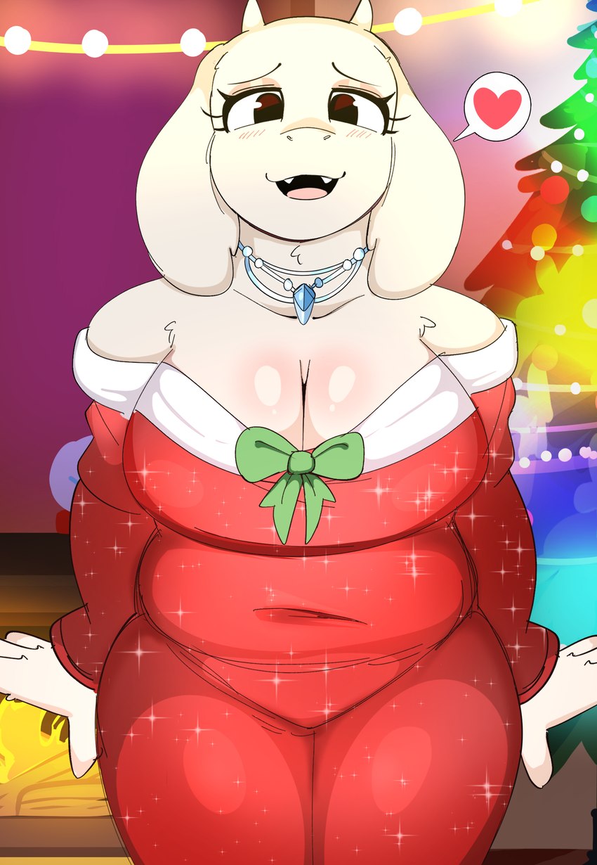 2_horns 4_fingers anthro arm_tuft bare_shoulders belly big_breasts big_eyes big_iris biped black_eyebrows blush blush_lines bow_(feature) bow_dress breasts brown_eyes christmas_clothing christmas_decorations christmas_dress christmas_lights christmas_tree cleavage clothed clothed_anthro clothed_female clothing clothing_bow curved_eyebrows dress eyebrows eyelashes eyeshadow fangs female fingers floor floppy_ears front_view fur fur_tuft glistening glistening_breasts glistening_eyes green_bow heart_symbol holidays horn humanoid_hands inside internal_wall iris jewelry legs_together light light_body light_breasts light_ears light_fur light_horn light_tongue long_eyelashes looking_at_viewer makeup mature_anthro mature_female monotone_body monotone_fur monotone_horn navel_outline neck_tuft necklace no_pupils open_mouth open_smile pink_blush pink_tongue plant red_clothing red_dress red_heart short_horn sitting slightly_chubby slightly_chubby_anthro slightly_chubby_female small_horn smile smiling_at_viewer snout solo sparkles speech_bubble string_lights tan_eyeshadow teeth thick_thighs thin_eyebrows tongue tree tuft wall_(structure) white_body white_breasts white_ears white_fur white_horn white_speech_bubble onibi christmas undertale undertale_(series) toriel boss_monster_(undertale) bovid caprine goat mammal 2024 absurd_res digital_drawing_(artwork) digital_media_(artwork) hi_res portrait three-quarter_portrait