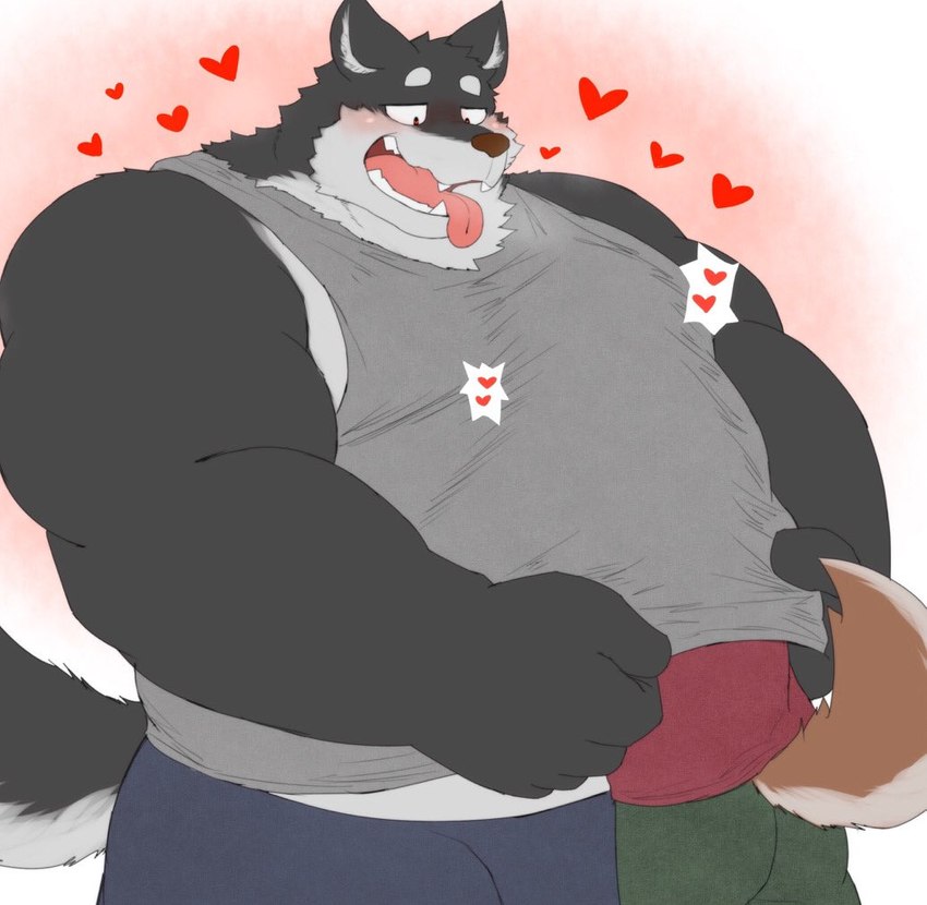 anthro blue_bottomwear blue_clothing bottomwear breath clothed clothing duo fangs fur green_bottomwear green_clothing grey_body grey_clothing grey_fur grey_shirt grey_tail grey_topwear heart_symbol male male/male monotone_clothing monotone_shirt monotone_topwear obese overweight red_clothing red_topwear shirt tail teeth tongue topwear under_shirt nullraihigi canid canine mammal 2020