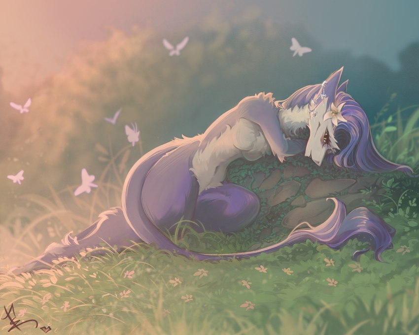 accessory anthro female flower flower_in_hair fur grass_field hair hair_accessory lying on_side plant purple_body purple_fur relaxing rock simple_background solo tail tail_tuft tuft tenebris_umbra sergal 5:4 hi_res