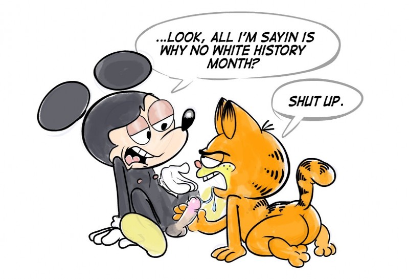 balls butt dialogue duo genitals humanoid_genitalia humanoid_penis male male/male oral penis politics text hotdiggedydemon disney garfield_(series) garfield_the_cat mickey_mouse domestic_cat felid feline felis mammal mouse murid murine rodent english_text