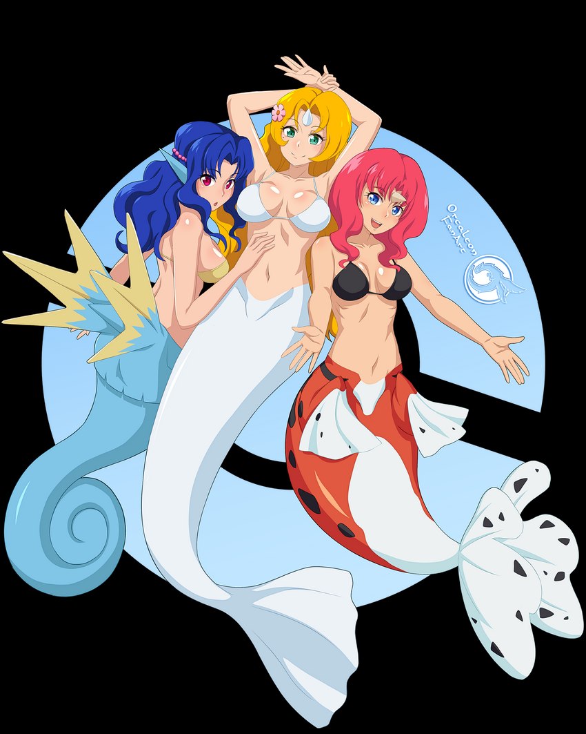 border bra breasts clothing female group hands_behind_head horn looking_back markings mole_(marking) monster_girl_(genre) side_boob split_form transparent_border trio underwear orcaleon nintendo pokemon daisy_(pokemon) lily_(pokemon) violet_(pokemon) dewgong generation_1_pokemon horned_humanoid humanoid marine merfolk pokemon_(species) seadra seaking 4:5 absurd_res alpha_channel hi_res sibling_(lore) sister_(lore) sisters_(lore)