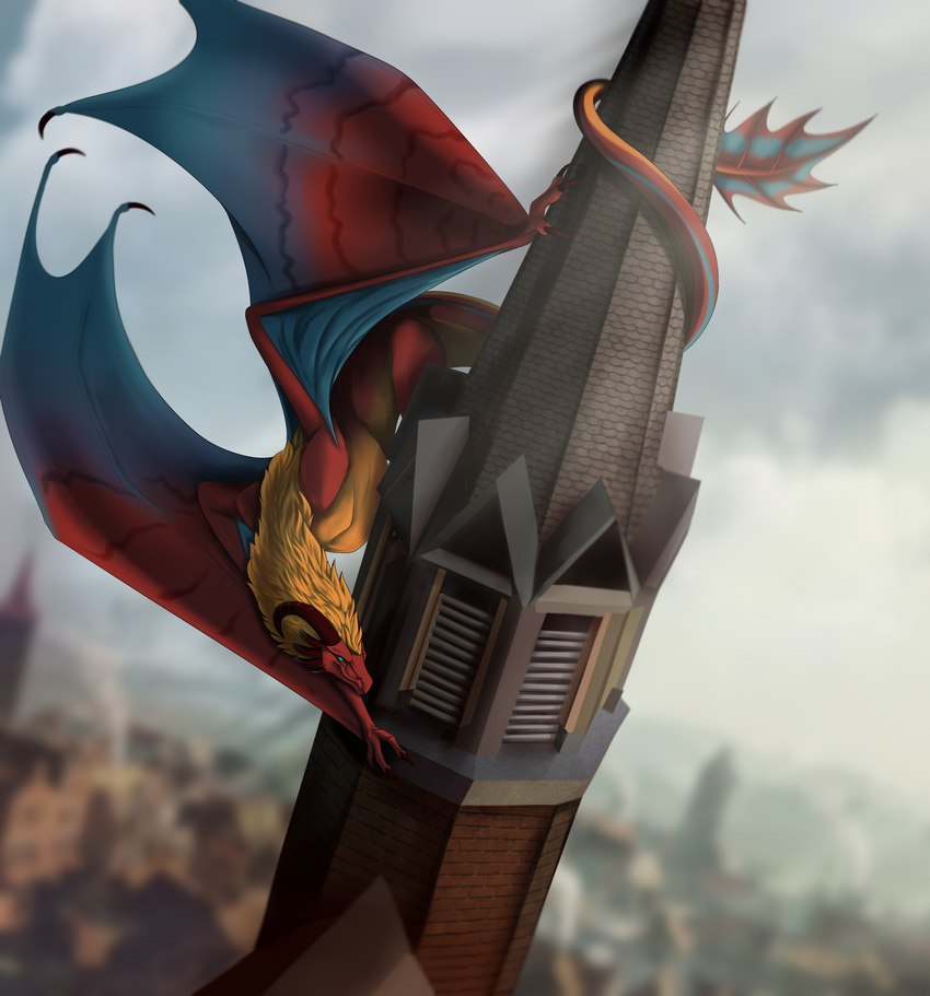 black_horn blonde_hair blue_body blue_eyes blue_horn city city_background claws female feral hair horn looking_at_another medieval medieval_fantasy orange_body pose red_body renaissance sky skyscape solo tail tower window wings yellow_body platypusbear european_mythology mythology eztli_(user_55) dragon mythological_creature mythological_scalie scalie western_dragon wyvern absurd_res hi_res pinup