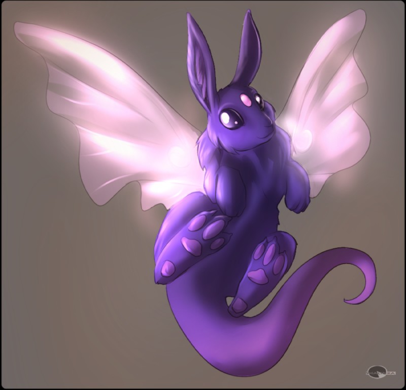 ambiguous_gender feral flying glowing insect_wings long_ears looking_at_viewer pink_wings purple_eyes smile solo spread_wings tail translucent translucent_wings wings shalinka lagomorph mammal skvader