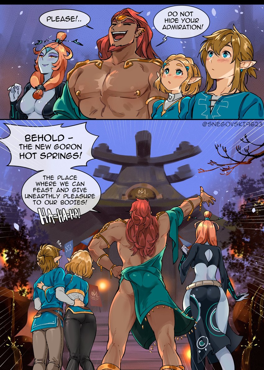 blonde_hair blush breasts brown_body brown_skin butt clothing dialogue female group hair humanoid_pointy_ears light_body light_skin long_hair male multicolored_body multicolored_skin muscular muscular_male night not_furry orange_hair red_eyes smile speech_bubble text two_tone_body two_tone_skin snegovski nintendo tears_of_the_kingdom the_legend_of_zelda twilight_princess ganondorf link midna_(true_form) princess_zelda elf gerudo humanoid hylian twili absurd_res english_text hi_res signature