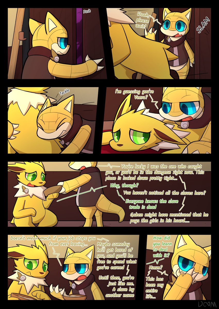 anthro blue_eyes dialogue eating female food green_eyes male slave tackle text infinitydoom nintendo pokemon pokemon_mystery_dungeon spike_chunsoft gaben_(infinitydoom) shrewn_(infinitydoom) veera_(infinitydoom) eeveelution generation_1_pokemon jolteon pokemon_(species) sandshrew comic english_text hi_res