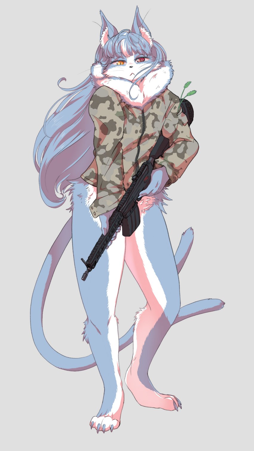 4_toes 5_fingers anthro army_uniform barefoot black_nose blue_body blue_fur blue_hair bottomless bottomless_anthro bottomless_female claws clothed clothing feet female fingers fur grey_background gun hair heterochromia hk416 inner_ear_fluff kemono looking_at_viewer paws ranged_weapon rifle simple_background solo toe_claws toes tuft weapon white_body white_fur murzikteijiro japan_air_self-defense_force omaneko_(jasdf) domestic_cat felid feline felis mammal 2023 hi_res male_(lore)