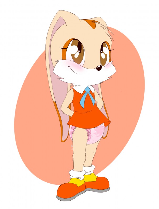 anthro big_ears blush clean_diaper clothing diaper dress female footwear hands_behind_back legwear shoes smile socks solo standing young young_anthro young_female furrychrome sega sonic_the_hedgehog_(series) cream_the_rabbit lagomorph leporid mammal rabbit hi_res