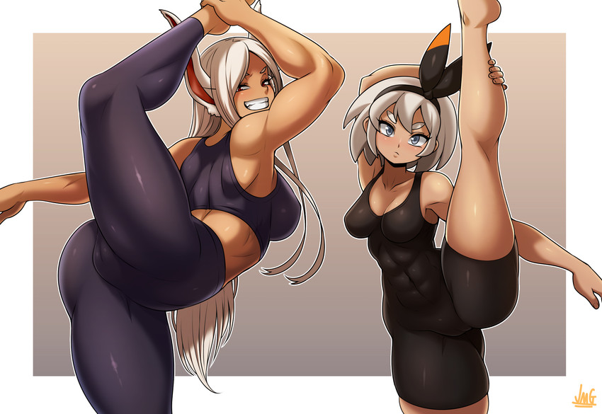 abs breast_size_difference breasts camel_toe cleavage clothed clothing duo eyelashes female flexible grey_eyes gym_leader hair legwear long_hair looking_at_viewer midriff muscular muscular_female red_eyes short_hair smile stretching tights white_hair jmg my_hero_academia nintendo pokemon bea_(pokemon) rumi_usagiyama animal_humanoid human humanoid lagomorph lagomorph_humanoid leporid_humanoid mammal mammal_humanoid rabbit_humanoid 2020 crossover hi_res