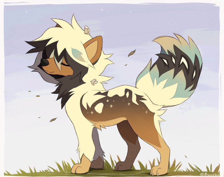 ambiguous_gender black_body black_fur brown_body brown_fur eyes_closed feral fur grass outside plant solo white_body white_fur wind aseethe canid canine mammal 2024 digital_media_(artwork) hi_res signature