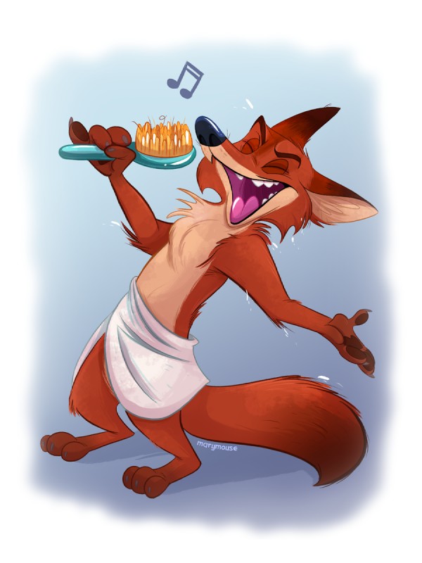 anthro brush eyes_closed hairbrush male musical_note musical_symbol open_mouth simple_background singing solo symbol teeth towel towel_only wet marymouse disney zootopia nick_wilde canid canine fox mammal red_fox true_fox 2016 3:4 hi_res