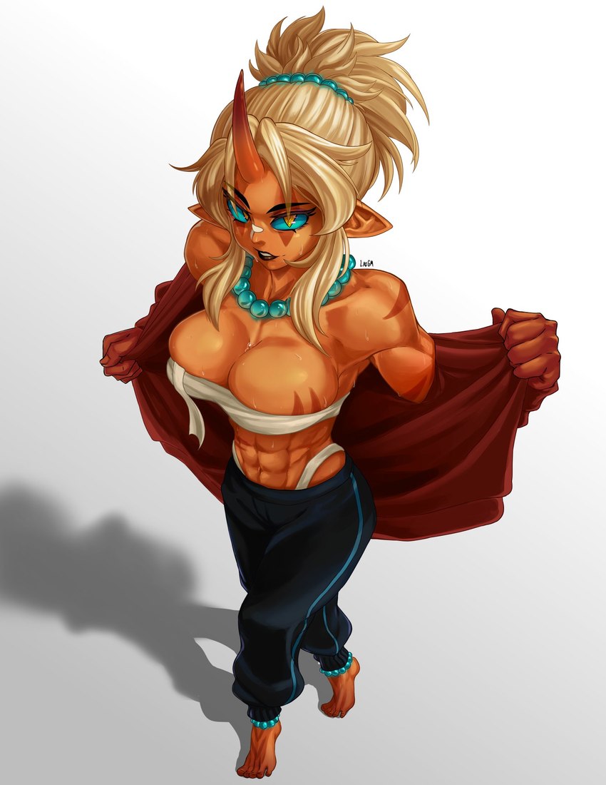 1_horn abs anklet barefoot big_breasts black_bottomwear black_clothing black_pants blonde_hair blue_sclera bodily_fluids bottomwear breasts chest_wraps cleavage clothed clothing eyelashes facial_markings feet female grey_background hair head_markings horn humanoid_pointy_ears jewelry looking_at_viewer markings muscular muscular_female navel necklace orange_body pants pointy_ears red_clothing red_topwear simple_background solo striped_body stripes sweat sweatdrop sweaty_abs sweaty_breasts topwear undressing wraps yellow_eyes gm_laz asian_mythology east_asian_mythology japanese_mythology mythology demon horned_humanoid humanoid oni yokai hi_res