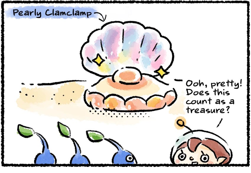 ambiguous_gender female feral gem group pearl_(gem) plant text kino_takahashi nintendo pikmin pom-lisa_(pikmin) bivalve blue_pikmin clam elemental_creature flora_fauna humanoid karutian_(pikmin) marine mollusk pearly_clamclamp pikmin_(species) english_text official_art watercolor_(artwork)