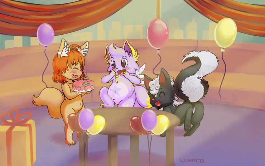 anthro balloon birthday bow_(feature) bow_ribbon box cake candle container dessert female feral food gift gift_bow gift_box group holding_cake holding_food holding_object horn inflatable male markings star star_(marking) star_on_body star_polygon trio wings laincham janus_zephyrine miya skurry_(coolperez8) canid canine exadian fox mammal mephitid skunk swift_fox true_fox absurd_res hi_res