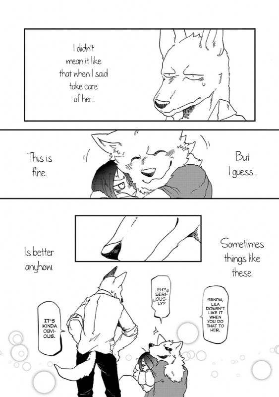 ambiguous_gender anthro dialogue fur group hair kemono male short_hair text young yakantuzura lila_(kashiwagi_aki) rolf zinovy canid canine canis human mammal wolf comic english_text greyscale hi_res monochrome translated