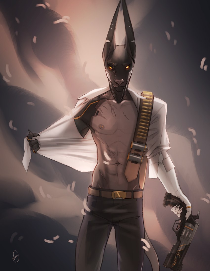 abs ammo_belt ammunition anthro black_body black_bottomwear black_clothing black_fur black_pants bottomwear clothing embers front_view fur gold_belt gun hair holding_gun holding_object holding_ranged_weapon holding_weapon long_hair looking_at_viewer male navel nipples pants pecs pink_nose ranged_weapon shirt solo tail topwear weapon white_body white_clothing white_shirt white_skin white_topwear yellow_eyes narney acrador canid canine canis jackal mammal 2023 hi_res portrait three-quarter_portrait