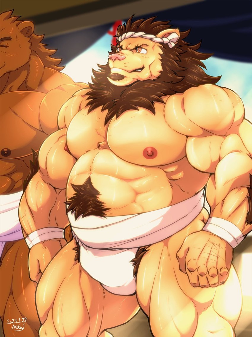 5_fingers anthro asian_clothing biped clothing east_asian_clothing fingers fundoshi humanoid_hands japanese_clothing male muscular muscular_anthro muscular_male muscular_thighs nipples solo_focus underwear niku_18 bear felid lion mammal pantherine 2023 colored hi_res signature