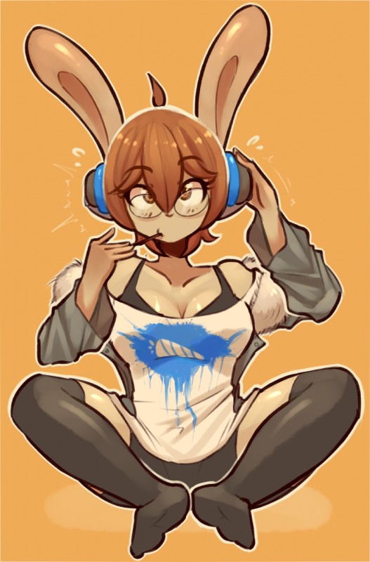 bra breasts brown_eyes clothing electronics eyewear female glasses hair headphones leggings legwear sagging_breasts shirt simple_background solo topwear underwear spikedmauler brianne_(spikedmauler) lagomorph leporid mammal rabbit hi_res