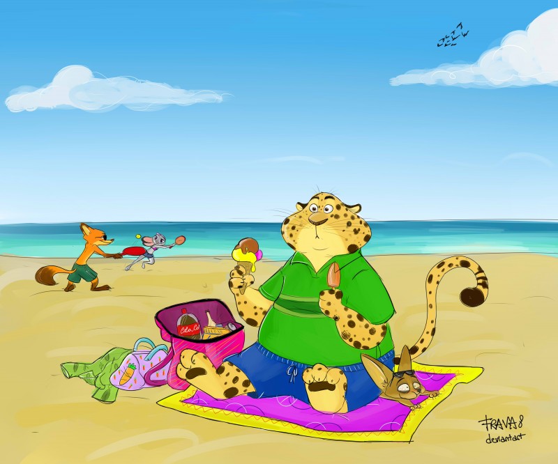 anthro beach clothed clothing crush dessert detailed_background female food group ice_cream outside overweight sand seaside sky summer tennis_racket topless water frava8 disney zootopia benjamin_clawhauser finnick_(zootopia) judy_hopps nick_wilde canid canine cheetah felid feline fennec_fox fox lagomorph leporid mammal rabbit red_fox true_fox 2017 6:5 absurd_res hi_res