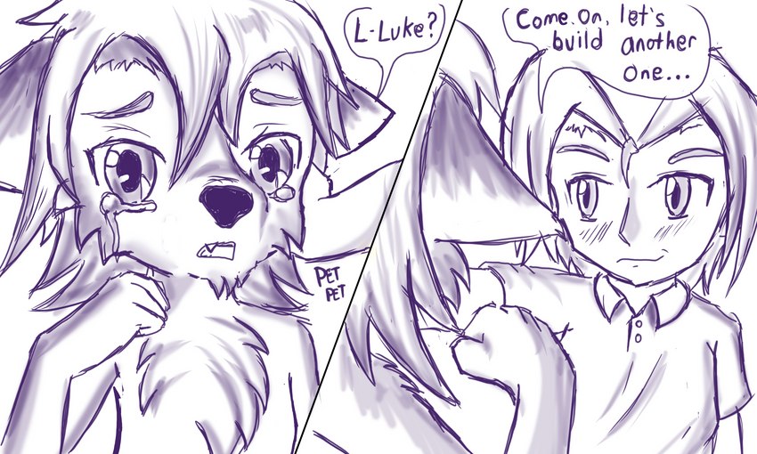 anthro building collar comforting concentrating duo female front_view fur headpat male petting playing protective rune sand_castle sandbox sculpture snout text young farfener links the_auroran_archives azee_(links) luke_(links) shiyan_(links) canid canine canis coyote human mammal wolf 2023 5:3 absurd_res english_text hi_res sketch