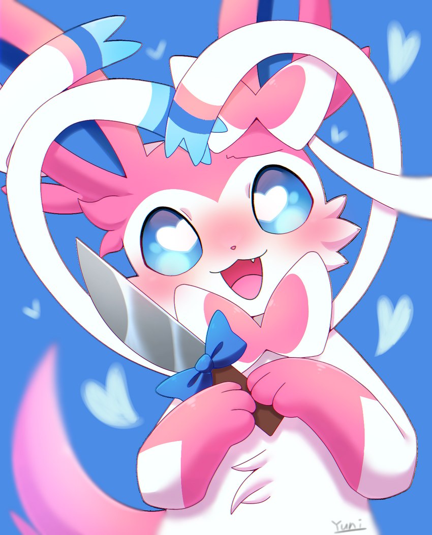 3_fingers ambiguous_gender blue_background blue_eyes blue_inner_ear blush bow_(decoration) bow_(feature) bow_ribbon cheek_tuft cute_fangs ear_bow facial_tuft fangs feral fingers front_view fur gloves_(marking) heart_eyes heart_pupils heart_symbol holding_knife holding_object kemono knife looking_at_viewer markings monotone_tail multicolored_body multicolored_fur neck_bow no_sclera open_mouth open_smile paws pink_body pink_ears pink_fur pink_nose pink_tail pupils ribbon_heart ribbons semi-anthro simple_background smile solo tail teeth tongue tuft two_tone_body two_tone_fur white_body white_fur white_pupils white_ribbon yandere yuni_kemono nintendo pokemon eeveelution generation_6_pokemon mammal pokemon_(species) sylveon colored digital_media_(artwork) half-length_portrait hi_res portrait shaded