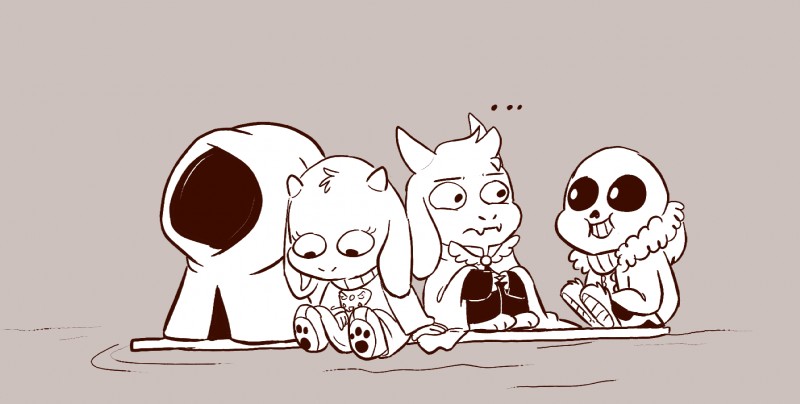 alternate_universe anthro boat bone chibi ellipsis female group male skeleton vehicle water watercraft mudkipful littletale undertale undertale_(series) asgore_dreemurr river_person_(undertale) sans_(undertale) toriel animated_skeleton boss_monster_(undertale) bovid caprine mammal undead 2015 hi_res monochrome