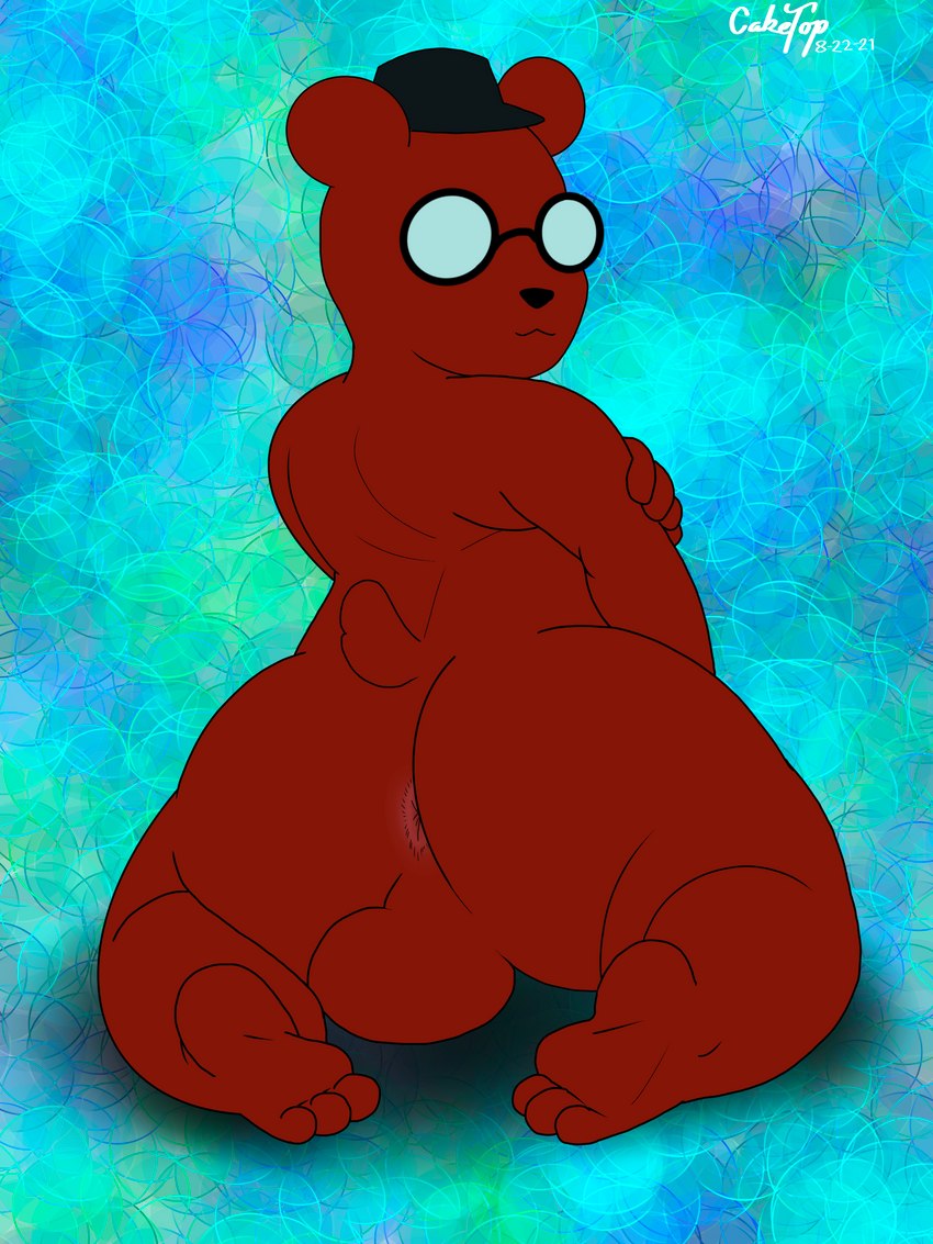 anthro anus balls big_butt butt clothing eyewear fur genitals glasses hat headgear headwear looking_at_viewer male nude smile solo topwear cake_top night_in_the_woods angus_delaney bear mammal 3:4 absurd_res digital_media_(artwork) hi_res