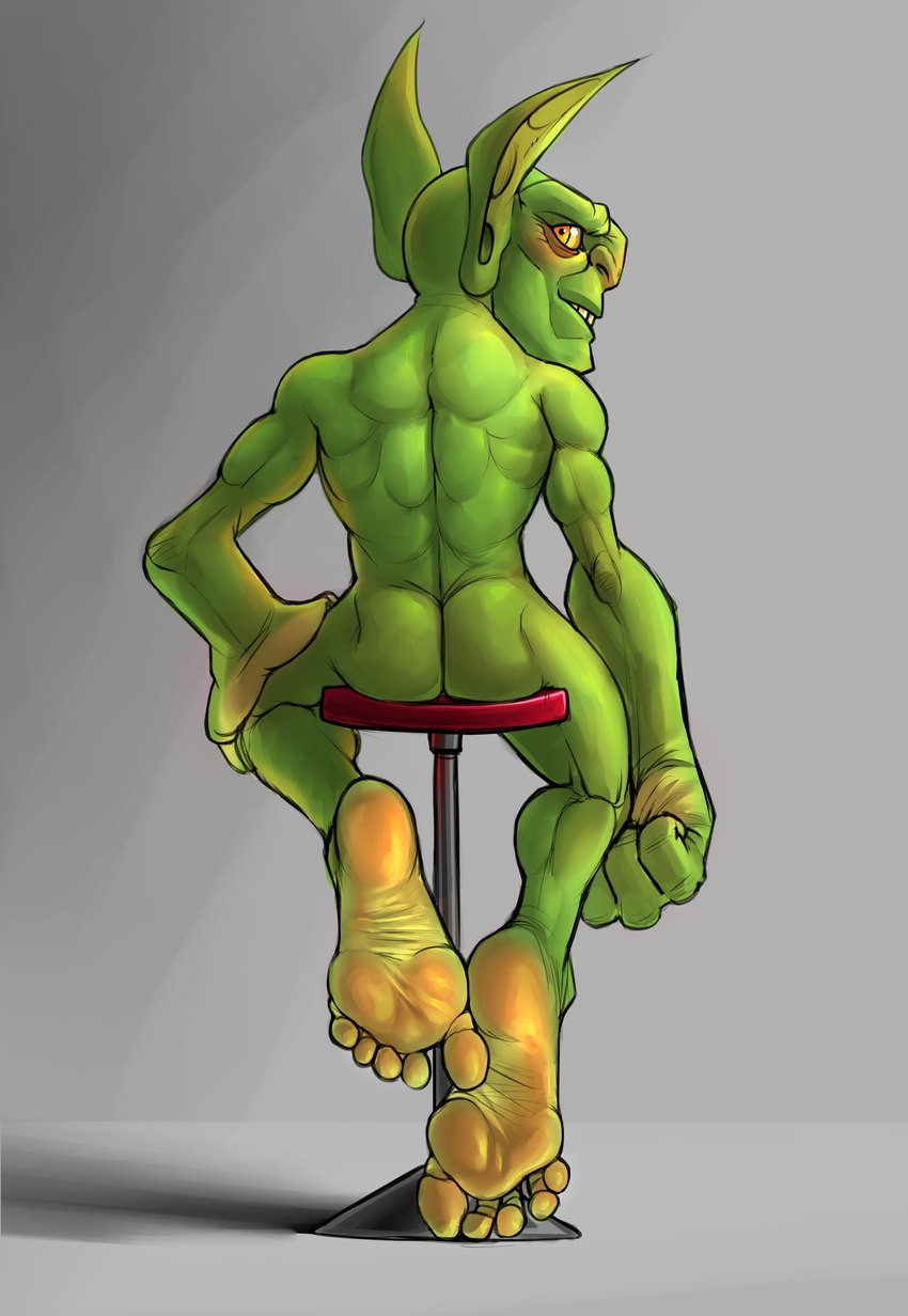 5_fingers 5_toes blush body_blush butt chair feet fingers foot_focus furniture green_body grey_background half_smile hand_on_leg hand_on_thigh humanoid_feet humanoid_pointy_ears long_ears looking_at_viewer looking_back looking_back_at_viewer male nude on_chair orange_eyes plantigrade presenting presenting_back shadow simple_background sitting sitting_on_chair soles solo stool teeth toes yellow_soles imptrash goblin humanoid absurd_res hi_res shaded simple_shading